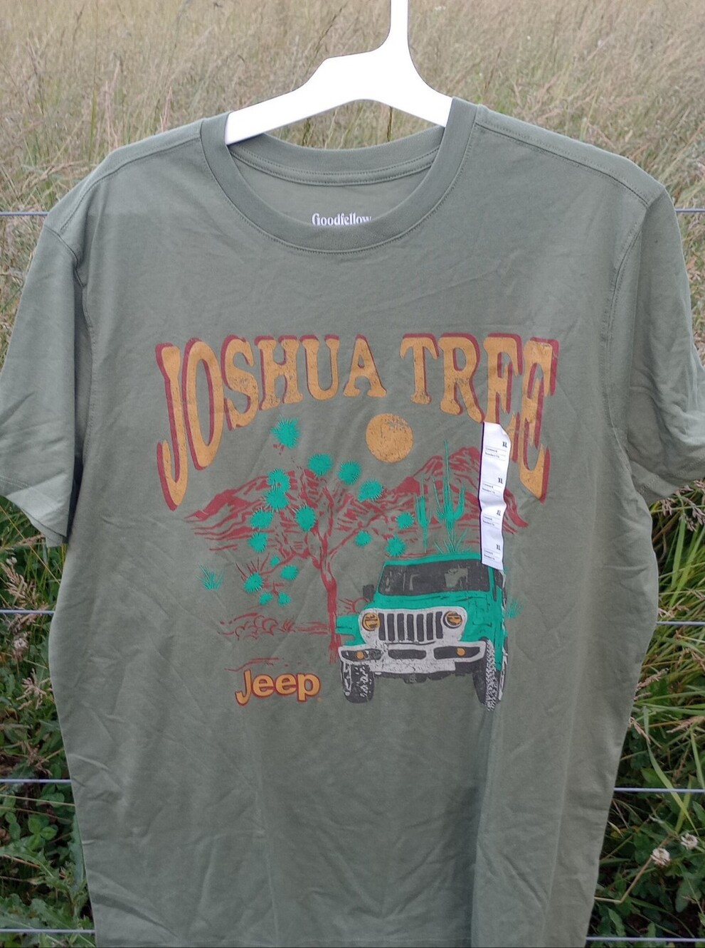 NWT Goodfellow Joshua Tree Jeep Graphic Tee - Olive with Teal & Mustard Print XL